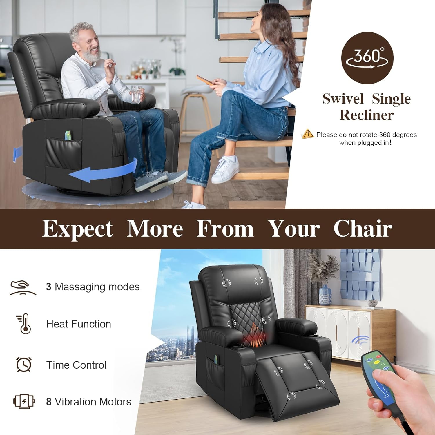 LOBERFVE Living Room Furniture Set, Loveseat Recliner 2 Seater and 360 Swivel Recliner Chair with Heat and Massage, Luxury Reclining Sofa 2PC Set for Living Room