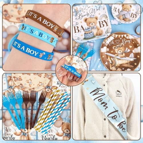Blue Bear Baby Shower Decorations for Boy We Can Bearly Wait Baby Shower Plates and Napkins Tablecloth Banner Toppers Bracelets Sash Honeycombs Balloons for Boy Baby Shower Party Supplies Serve 26