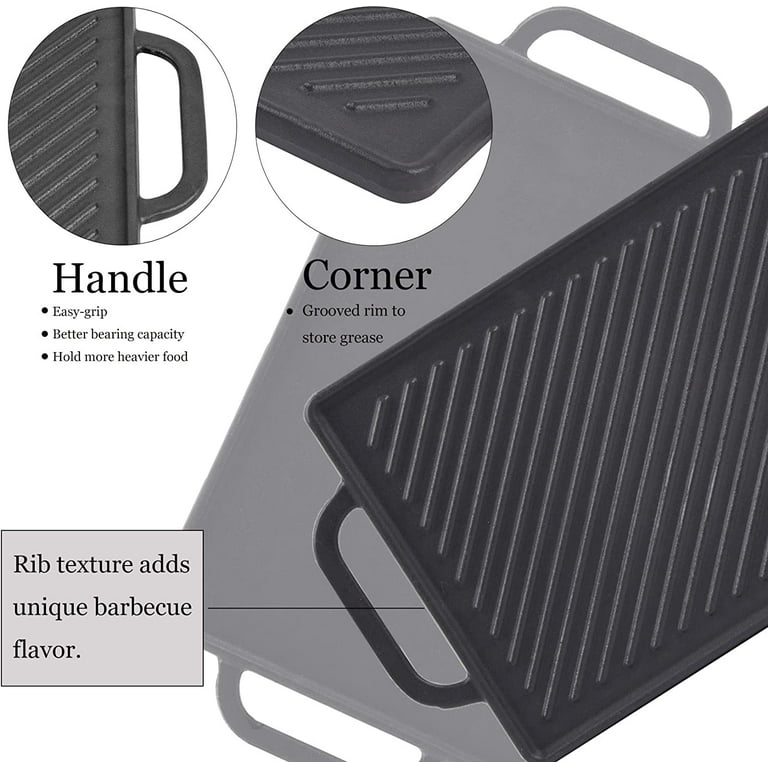 GasSaf Cast Iron Reversible Grill GriddleDouble Sided Grill Pan Perfect for GAS Grills and Stove Tops, 13 x 8.25 Rectangular Baking Flat and Ribbed