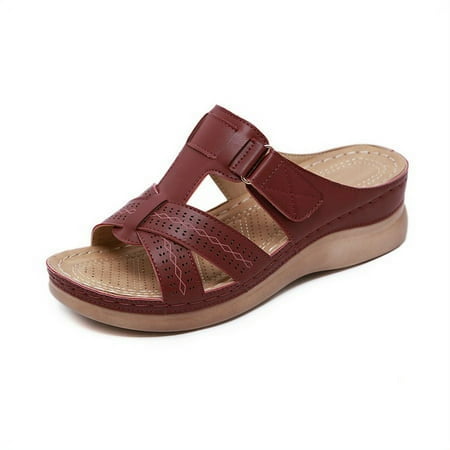 

Vintage Wedge Sandals for Women Casual Summer Beach Cute Comfort Open Toe Platform Mules Shoes Jujube Red 10