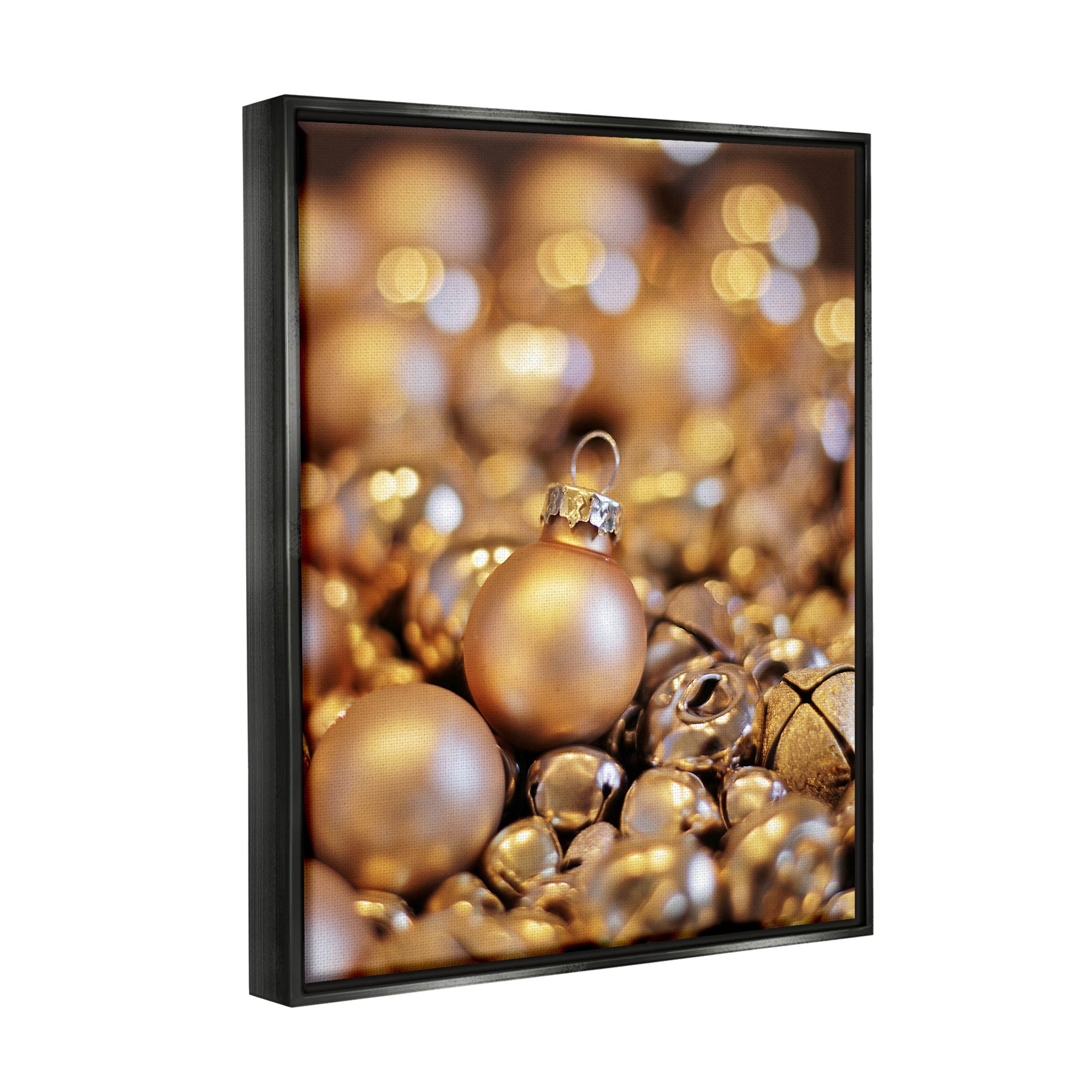 Gleaming Christmas Ornaments Bells Holiday Photograph Jet Black Framed Art Print Wall Art