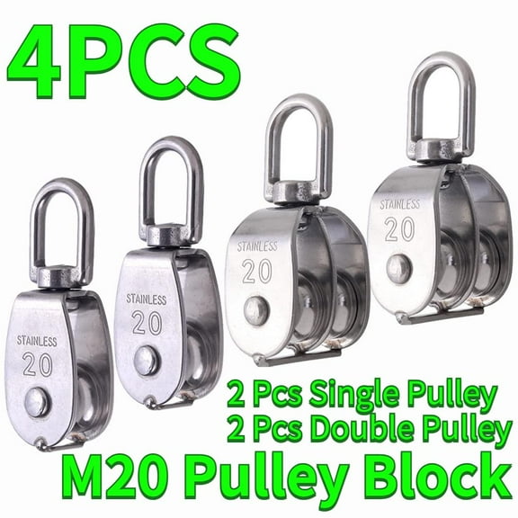 4 Pcs Stainless Steel Wire Rope Crane Pulley Block M20 Lifting Crane Swivel Hook Single Pulley Block Hanging Wire Towing Wheel (2 Pcs Single Pulley & 2 Pcs Double Pulley) - Home Improvement.