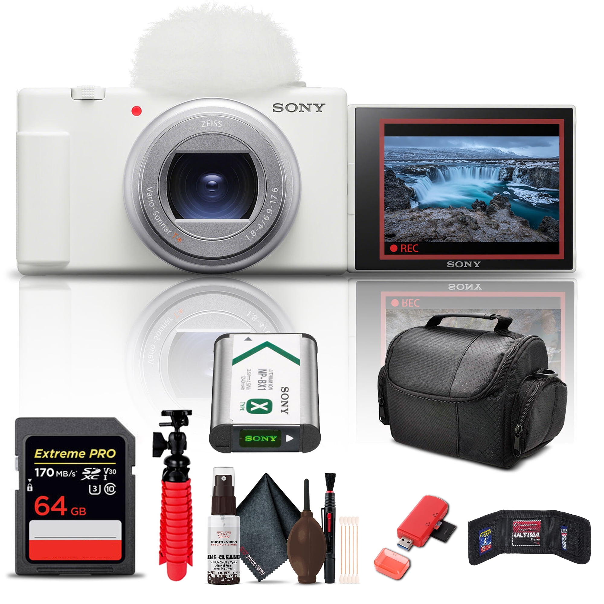 Sony ZV-1 II Vlog camera for Content Creators and Vloggers (White) (ZV-1M2/W) + 64GB Memory Card + Card Reader + Deluxe Soft Bag + Flex Tripod + Memory Wallet + Cleaning Kit