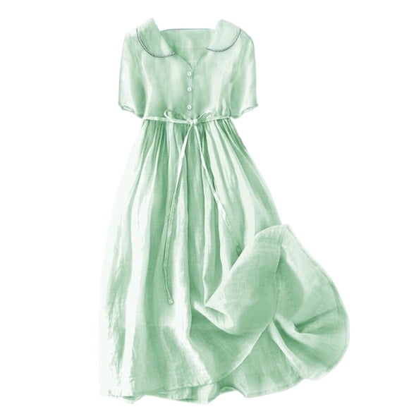 WTXUE Plus Size Dress, Women's Cotton Linen Solid Color Retro Button V-Neck Casual Dress, Linen Dress, Green Dress, 3# Green 3XL
