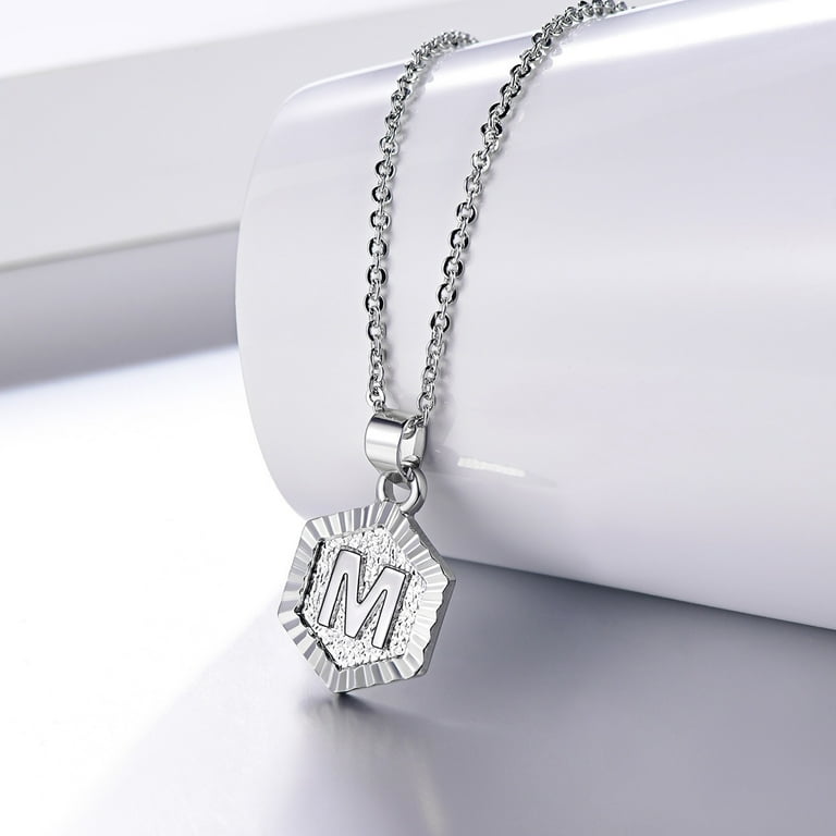 FOCALOOK Initial Necklace for Women Men Hexagon Capital Letter M