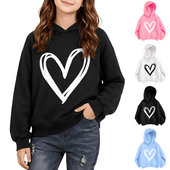Wilak Girls Heart Printed Hoodies Sweatshirts Size 2-8, Pullover Long Sleeve Soft Cute Casual Kids Fall Tops Black