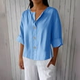 thumbnail image 2 of Women Tops, 2026 Tops for Women Three Quarter Sleeve T-Shirts Cotton Linen Comfort Button Down Soft Lightweight Blouse Tees, 2 of 8