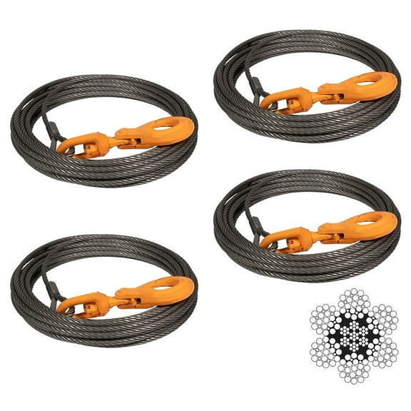 (4 Pack) Wire Rope Steel Core Winch Cable 3/8" x 100' Self-Locking Swivel Hook Towing Wrecker Roll Back, 14,400 lbs Breaking Strength