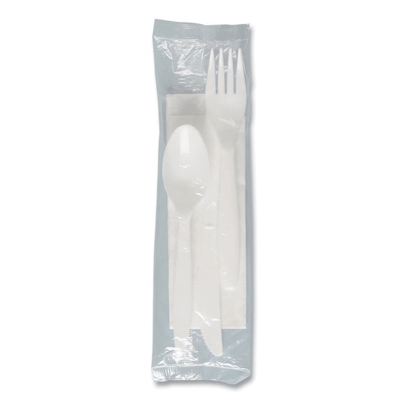 Medium Weight PP Kit Wrapped Fork/Knife/Teaspoon/Napkin - White (250/Carton)