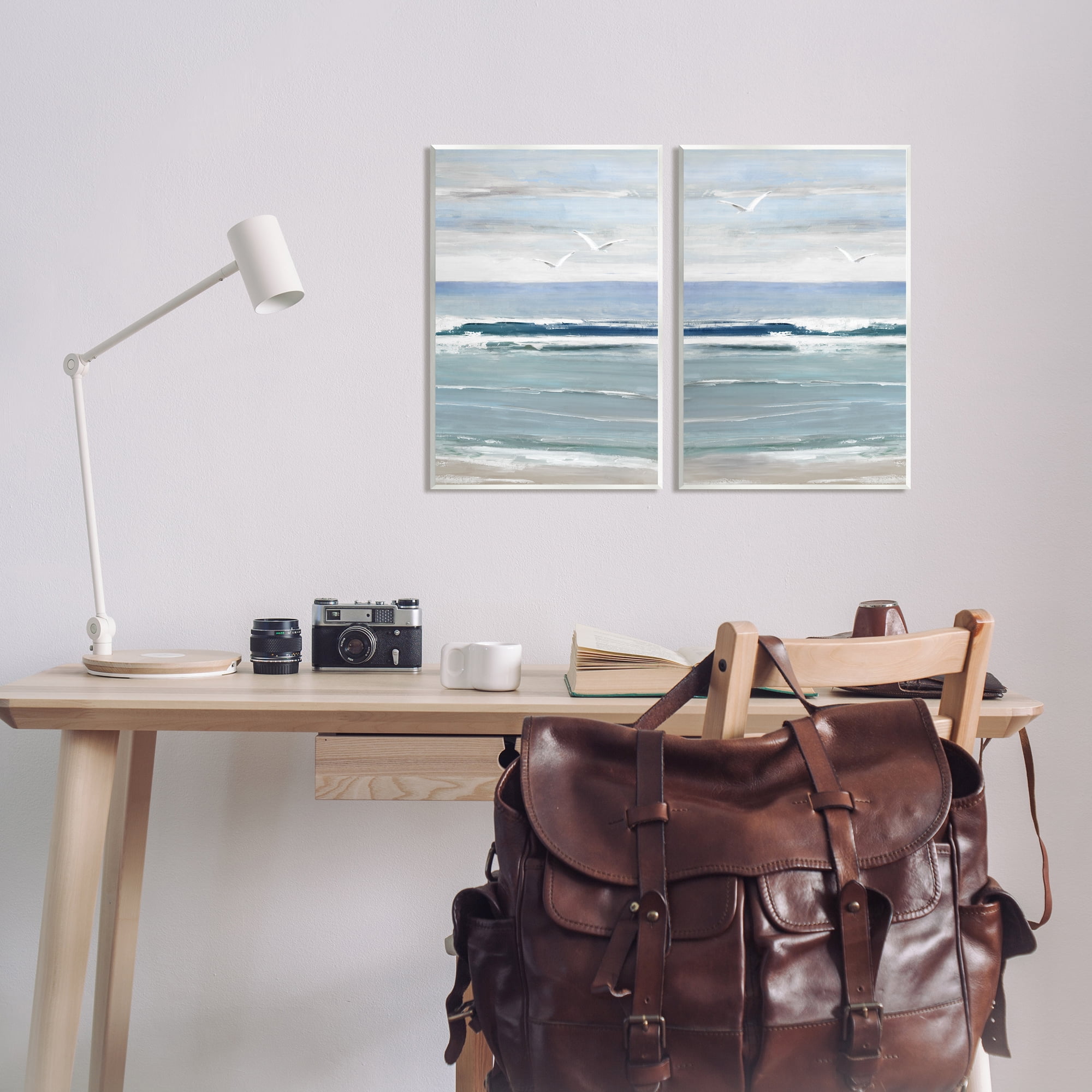 Stupell Industries Seagulls over Beach Waves Landscape Painting Unframed Art Print Wall Art, 13 x 19, Set of 2