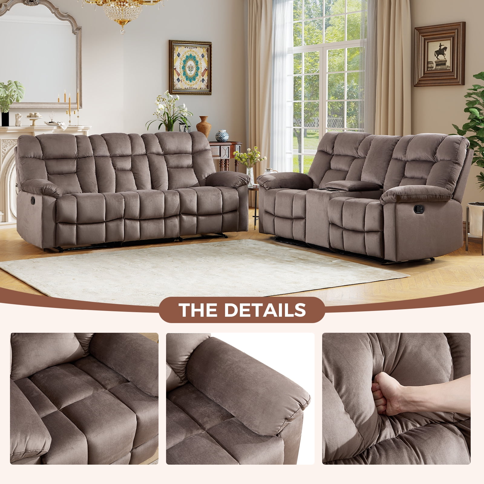 Bonzy Home Recliner Sofa Set — Reclining Loveseat & 3-Seat Sofa with Center Storage, Cup Holders & Wide Backrests, Brown