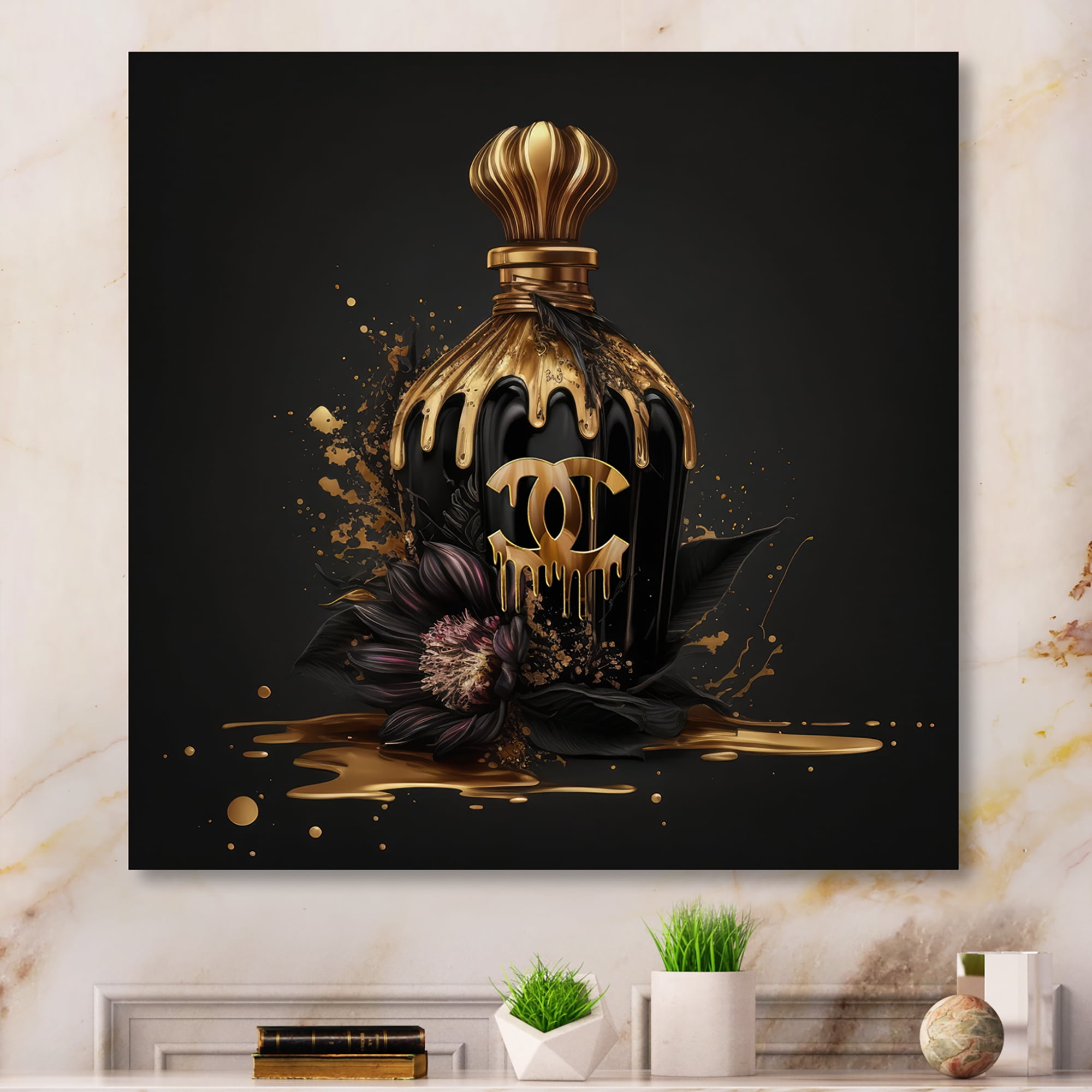 Designart Chic Black And Gold Perfume Bottle VIII Canvas Wall Art