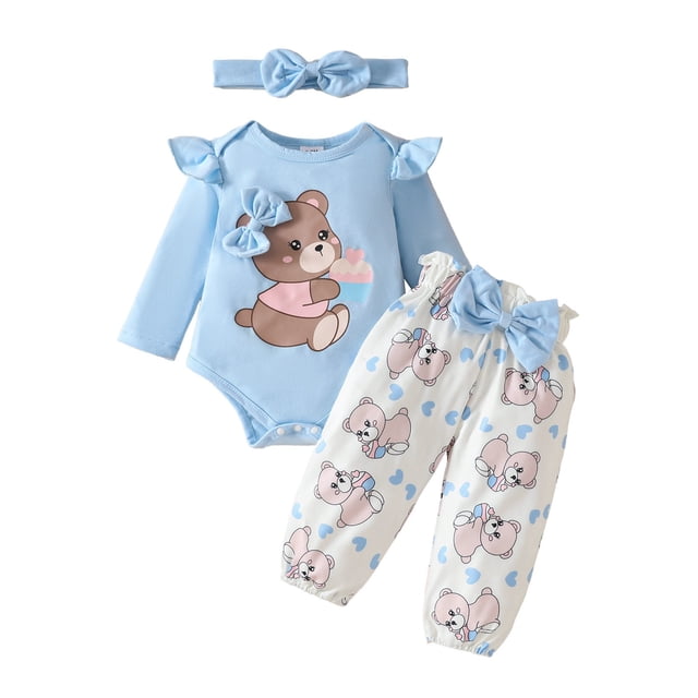 Odeerbi 0-18 Meses Conjunto Canastilla Niña Oso Lazo Manga Larga Sudadera Larga Cinta Tres Piezas