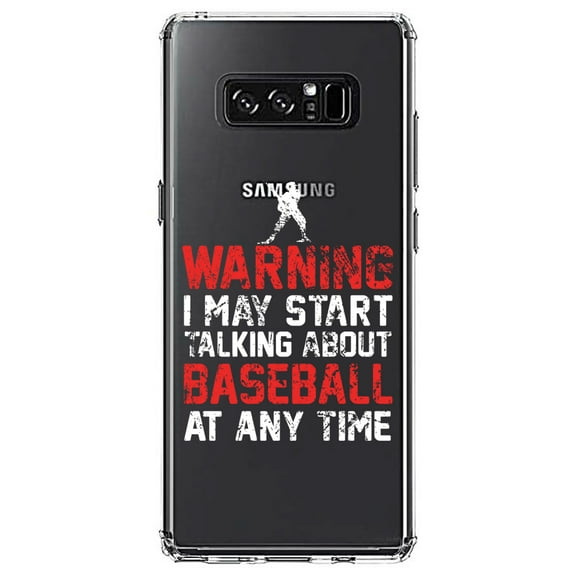 DistinctInk Clear Shockproof Hybrid Case for Samsung Galaxy Note 8 - TPU Bumper Acrylic Back Tempered Glass Screen Protector - Warning May Start Talking Baseball
