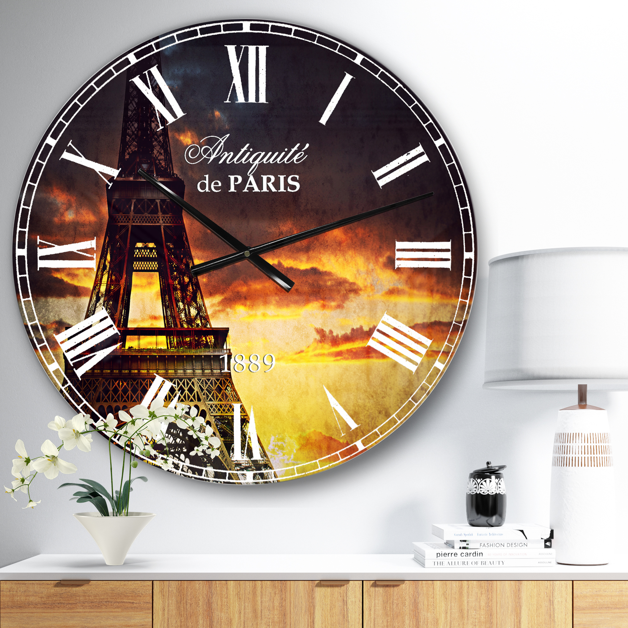 Designart 'Sunset View with Paris Eiffel tower' Industrial wall clock