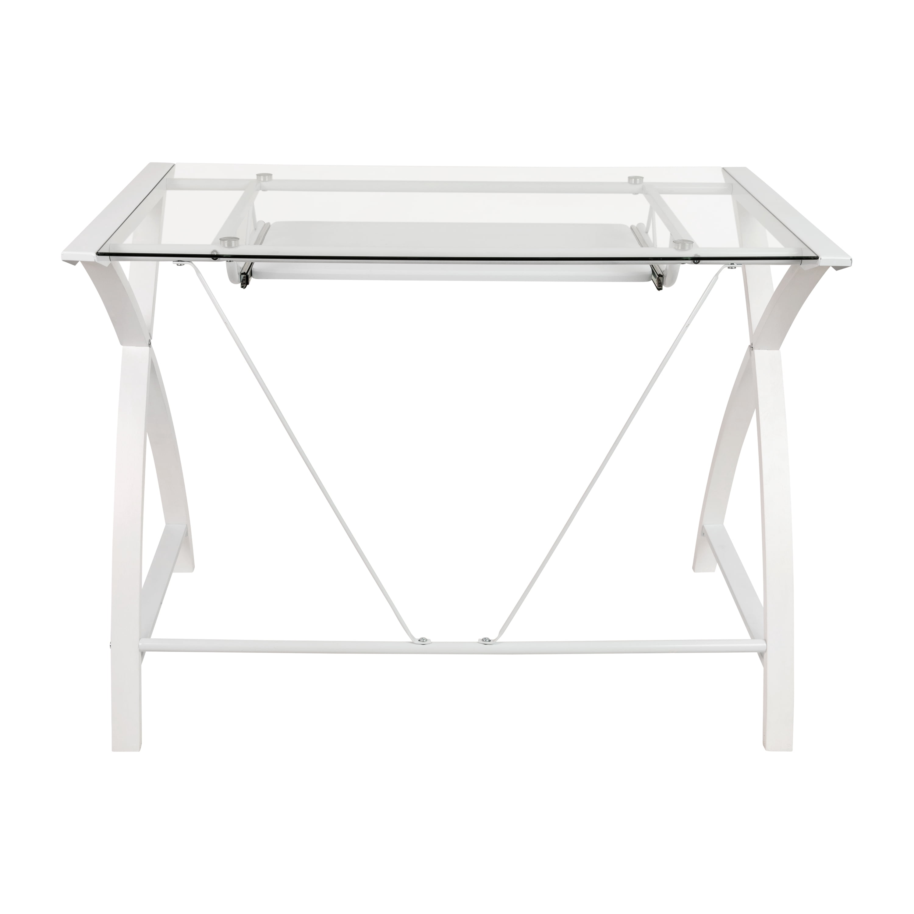 Emma + Oliver Clear Glass Computer Desk-White Pull-Out Keyboard Tray & White Crisscross Frame