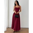 thumbnail image 5 of Petite Womens Burgundy Solid Square Neck Ruched Flared Maxi Dress For Spring Summer, 5 of 8