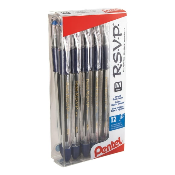 Bolígrafo Pentel R.S.V.P., tamaño mediano, 1 mm, tinta azul, paquete de 12