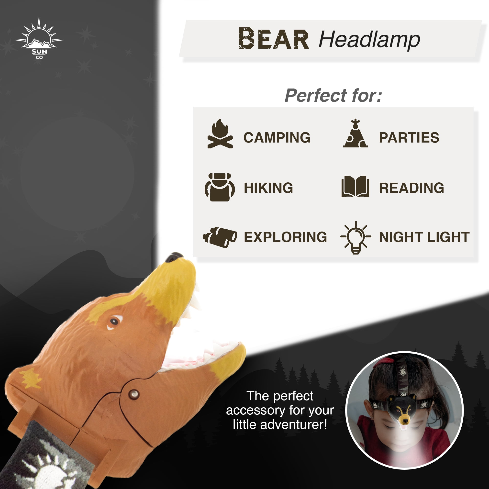 Sun Company Bear LED Headlamp - Bear Headlamps for Kids (Panda Bear)