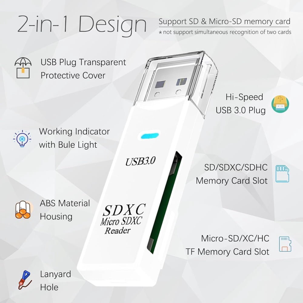 USB3.0 Micro SD Card Reader, 5Gbps 2-in-1 SD Card Reader to USB Adapter, Memory Card Reader for SDXC, SDHC, MMC, RS-MMC, Micro SDXC, Micro SD, Micro SDHC and UHS-I Cards, 1 Pack White