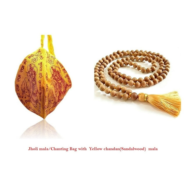 Kamada Combination of Jholi mala/Gaumukhi/chanting bag and exquisite yellow chandan(sandalwood)mala,Spritual Necklace/rosary for Women and Men