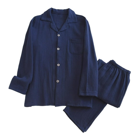 KyCheLot Mens Cotton Pajama Sets Comfy Fall Winter Long Sleeve Button up Tops and Loose Straight Leg Trousers Nightwear