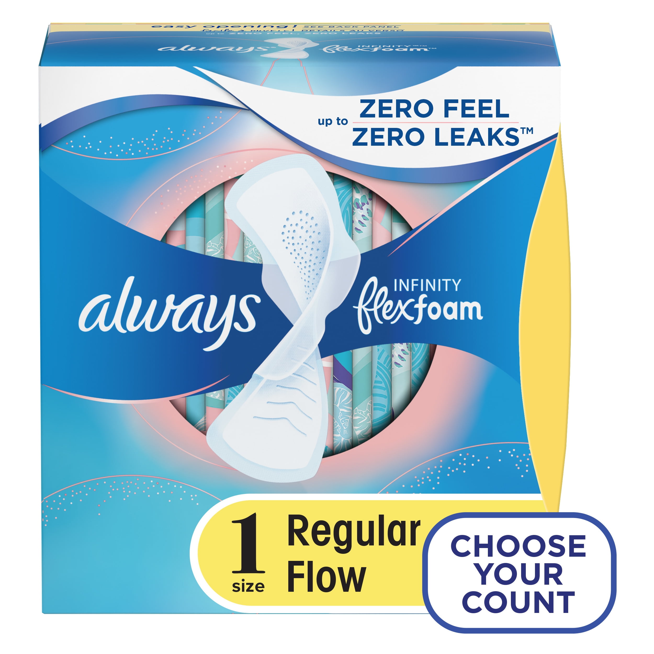 Always Infinity FlexFoam Pads with Wings, Unscented, Regular Absorbency, Size 1, 18 Ct