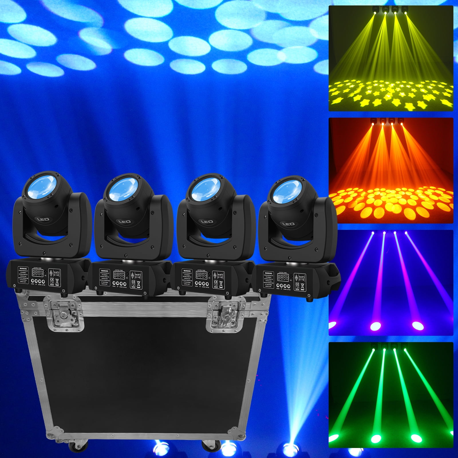 4 Pack COB LED Moving Head Stage Light with Flight Case, 18 Prism 8500K Gobo DJ Light for Club Disco Party Halloween