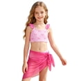 thumbnail image 6 of XINXIAOO Girls Ruffled Spaghetti Strap Three Piece Swimsuit Bow Stripe Print Mesh Wrap Skirt Quick Dry Bathing Suit Summer Beach Pool Swimwear for Kids Girls 8-9 Years, 6 of 9