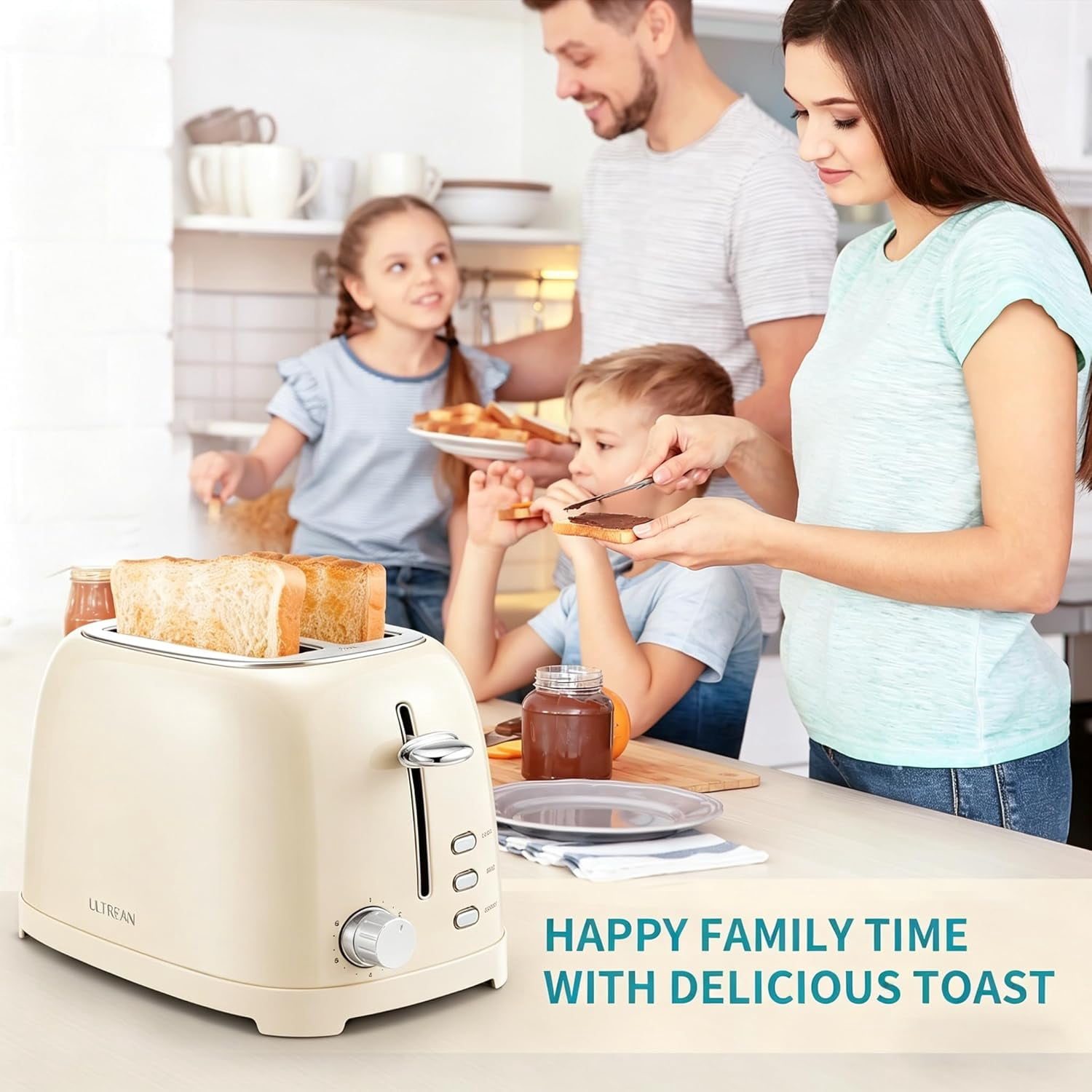 Ultrean 2 Slice Toaster with Extra Wide Slot, Retro Stainless Steel Toaster, Small Cute Toaster with Removable Crumb Tray, 6 Browning Settings, Cancel, Bagel, Deforest Functions, 825 W, White Cream