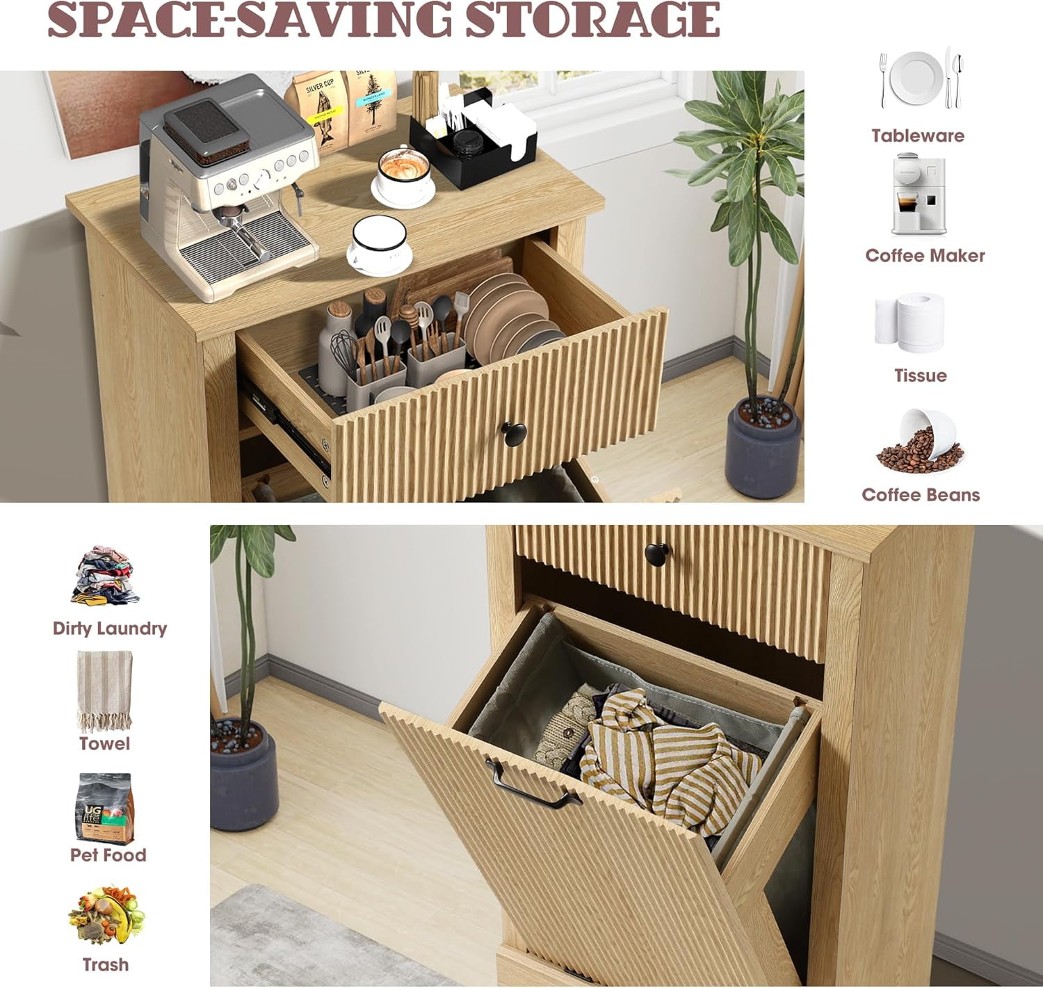 Haverchair 35.8" H Tilt Out Laundry Hamper Cabinet, Modern Fluted Trash Can Cabinets with Drawer, Wooden Hidden Garbage Cabinet for Kitchen and Bathroom