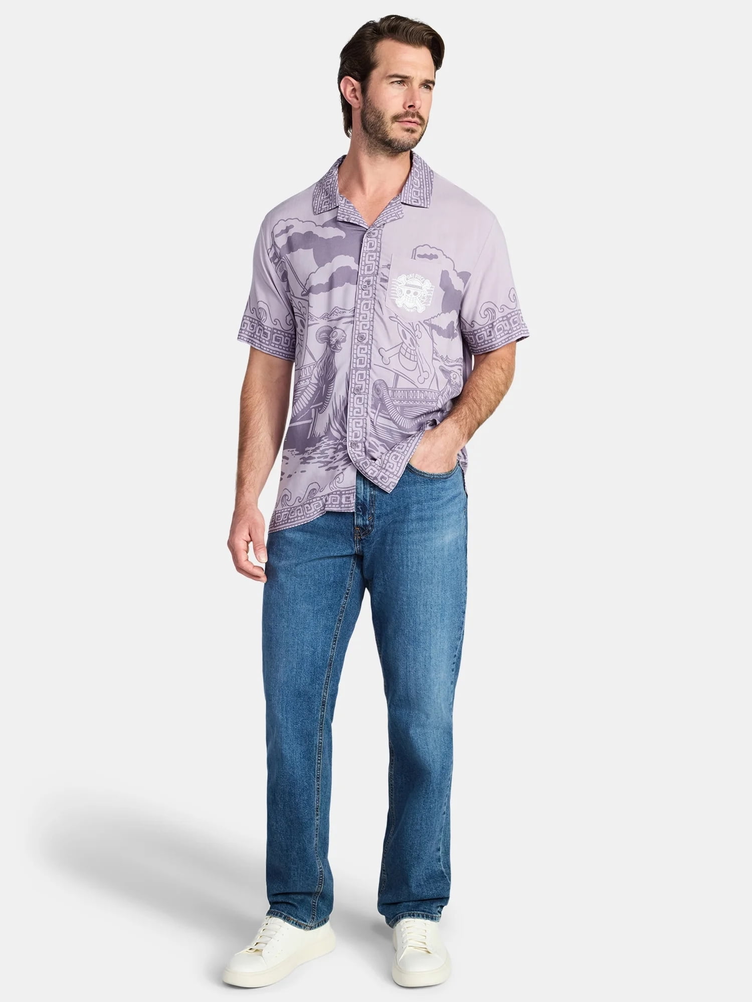 One Piece, Men's & Big Men's Graphic Button-Up Shirt, Straw Hats, Sizes XS-3XL
