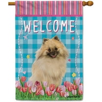 Dog Spring Summer Welcome House Flag Pomeranian Tulip Flowers Blue Buffalo Plaid Outside Yard Decor Flag Banner 28X40 Inch Double Side Style 3