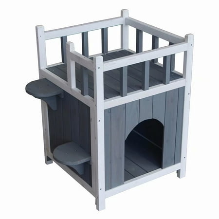 Outdoor Wooden Cat House Pet Home Cat Shelter Condo with Balcony, Gray &