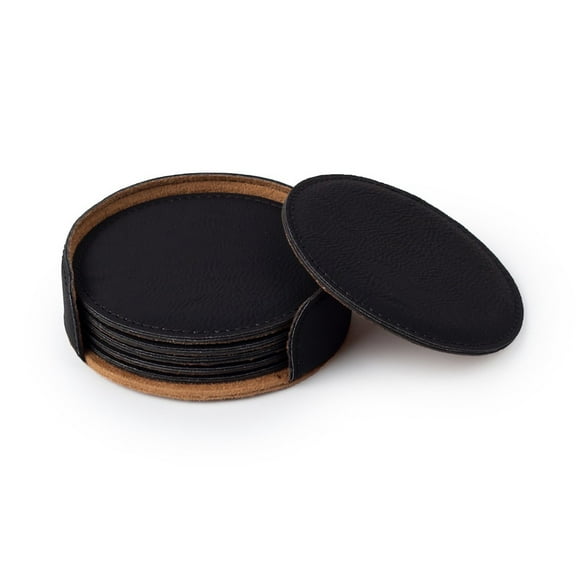 JPPlus 3.75" Round Coaster Engraving Blanks with Holder. Saddle Collection Set of Six. Classic Faux Leather Design Perfect for Office Desk, Conference Room, or Home Décor. (1 Set, Black)