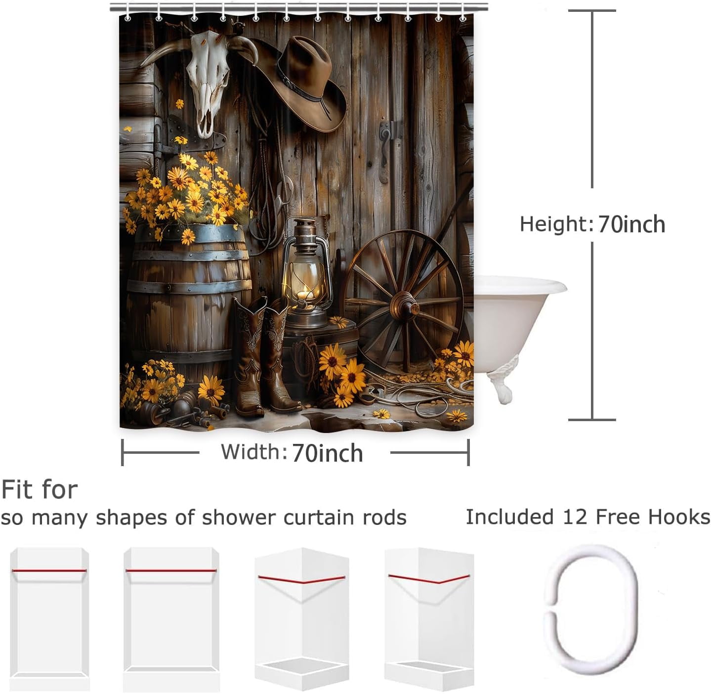 Western Cowboy Shower Curtain with Farmhouse Barn Door, Southwest Country Ranch Bath Curtain with Cowboy Boots Floral, Rustic Southwestern Theme Bathroom Decor Set with Hooks 70X75in