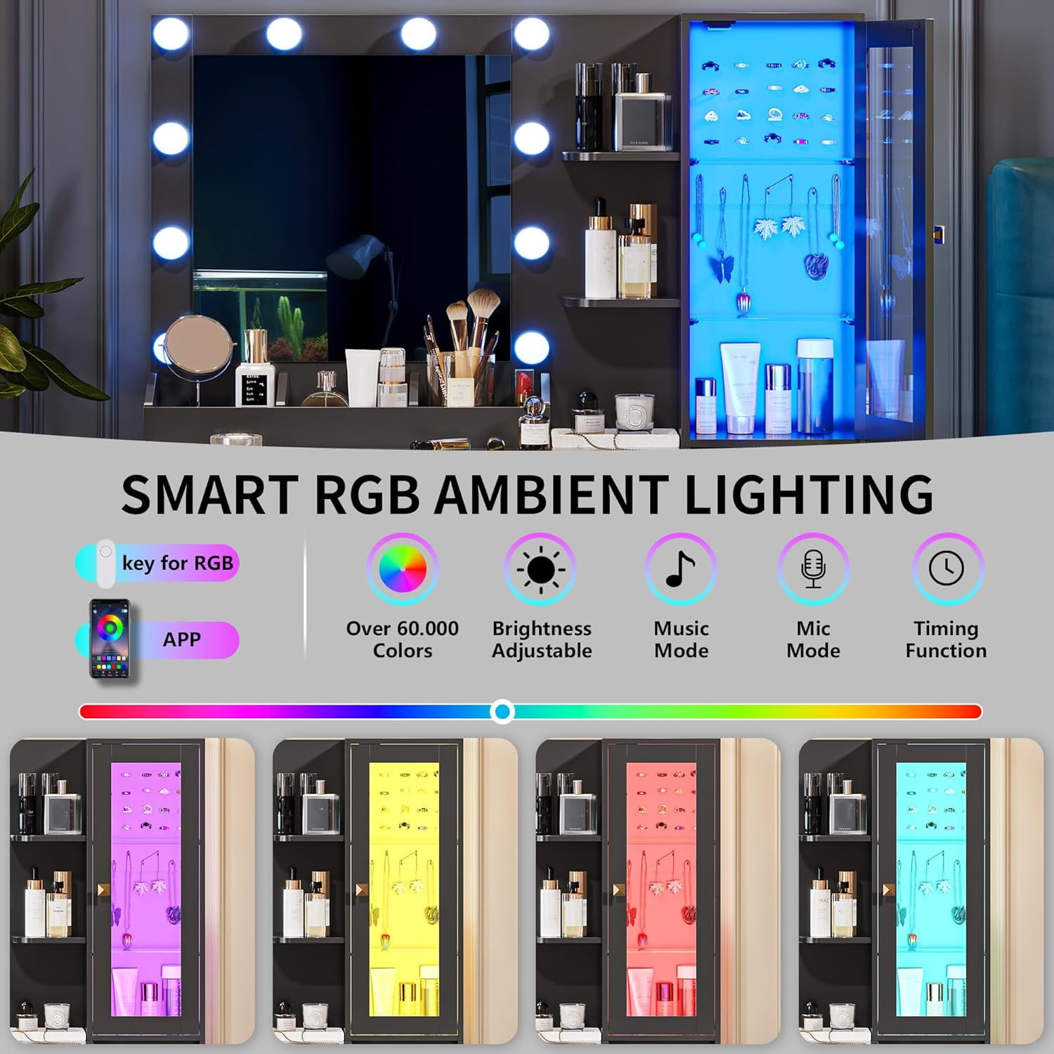 FANRAL Vanity Desk with RGB Ambient Light,LED Mirror & Charging Station,Small Dressing Table with Glass Cabinet & Ample Storage for Bedroom Grooming,Black Vanity