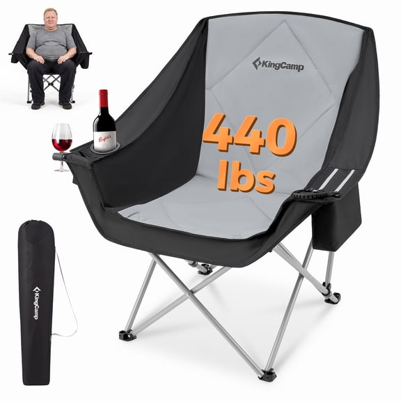 KingCamp Oversized Fully Padded Camping Chair for Adults, Support 330lbs Outdoor Folding Camping Sofa Chair with Pocket, Heavy Duty Folding Round Camping Chair, Black Light Grey