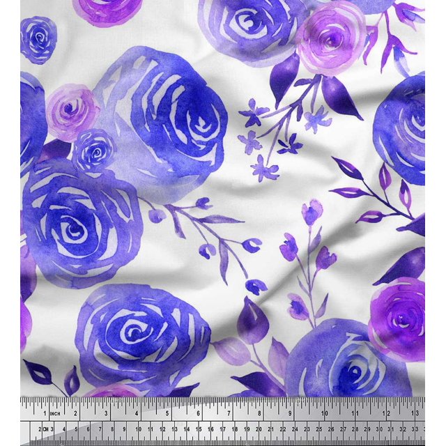 Soimoi Blue Modal Satin Fabric Watercolor Floral Printed Fabric 1 Yard 42 Inch Wide