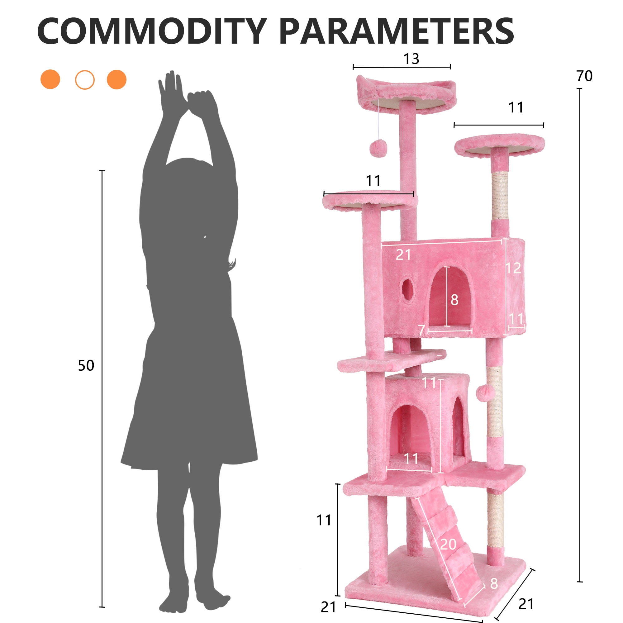 Large Multi-Level Cat Tree, 70 Inches Tall with Sisal-Covered Scratching Posts, Condo, Dangling Ball, and Extended Platform for Cats to Play and Sleep,Pink