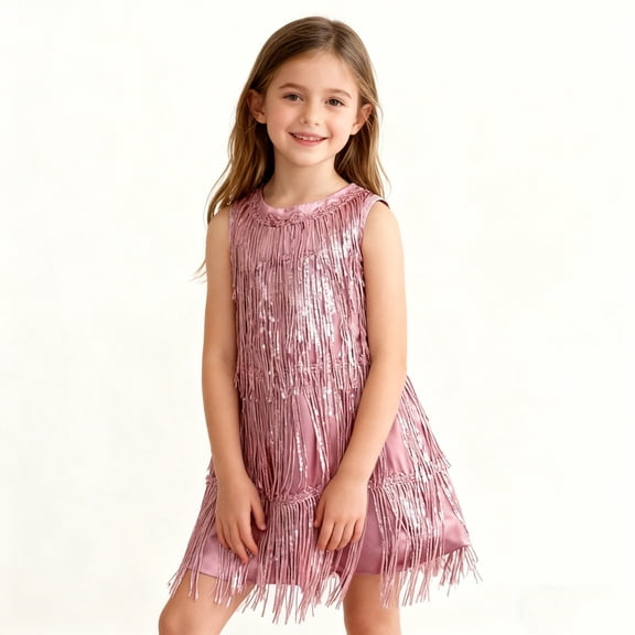 BRGZLK Girl Knee Length Dress Bohemian Round Neck Sleeveless Sequin Latin Dance Fringe Vest Dress Birthday Gown Dresses Pink 2-3 Years