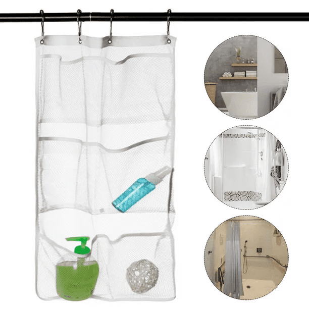 Mesh Hanging Caddy Organizer with 6 Pockets, White Shower Curtain Rod