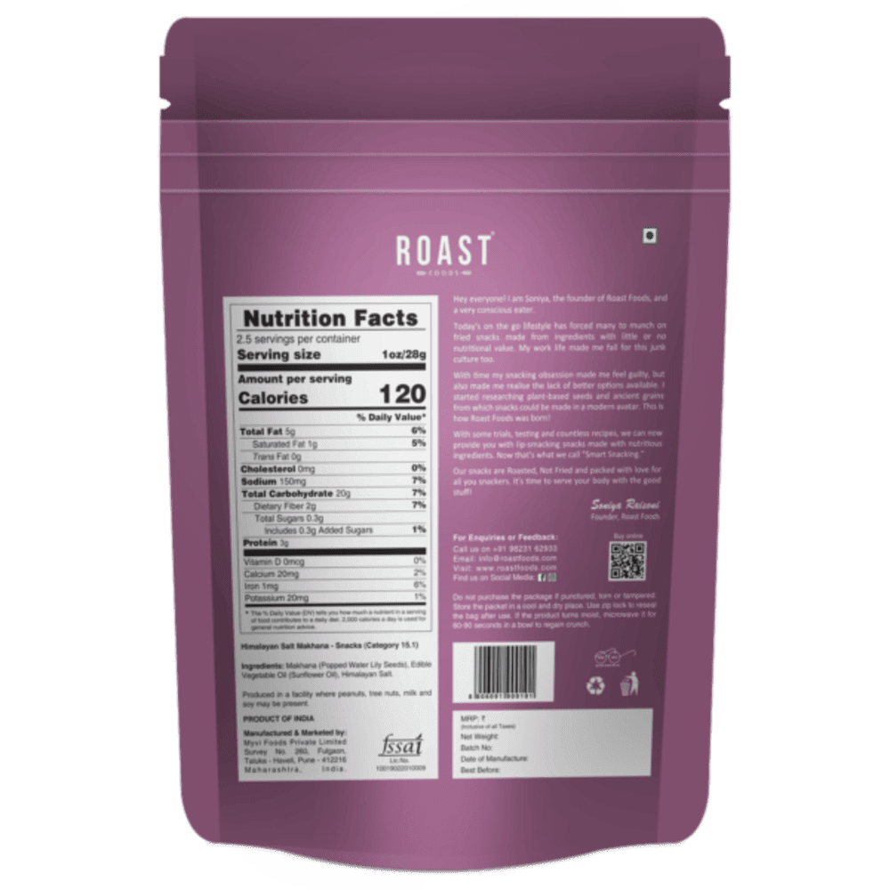 Roast Foods Makhana Himalayan Salt, 70g, Roasted Not Fried, Gluten Free