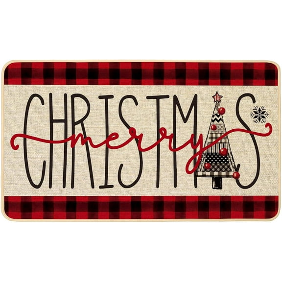 Merry Christmas Doormat,Christmas Trees Xmas Winter Red Black Buffalo Plaid Indoor Outdoor Outside Entrance Doormat Welcome Door Mat Anti-Slip Rubber Seasonal Holiday Decoration 17x29 Inch