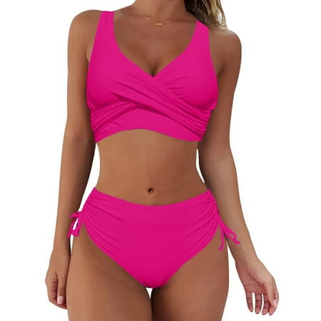 Women s High Waist Two Piece Swimsuits Criss Cross Wrap Solid Color Crop Top with Drawstring Tie Side Bottom Bathing Suit Bikini Set Swimwear