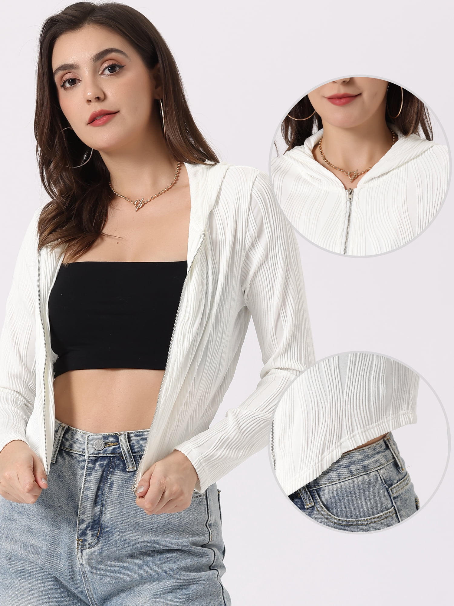 Unique Bargains Women's Casual Hoodie Zip Up Long Sleeve Lightweight Textured Crop Jacket XL White