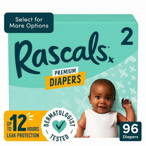 Rascals Premium Absorbent Baby Diapers Size 2, 96 Count (Pack of 2)