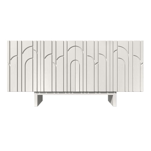 63" Wood Grain Sideboard with Leaf-Patterned Doors, 4-Door Adjustable Storage Cabinet, MDF Buffet TV Stand for Living Room & Dining Room, Creamy White