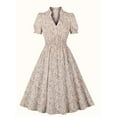 thumbnail image 1 of Robe à Manches Courtes à Col Montant en V à Motif Floral, Tunique Mature à Ourlet Volanté Évasé, Vêtements pour Femmes, 1 of 10