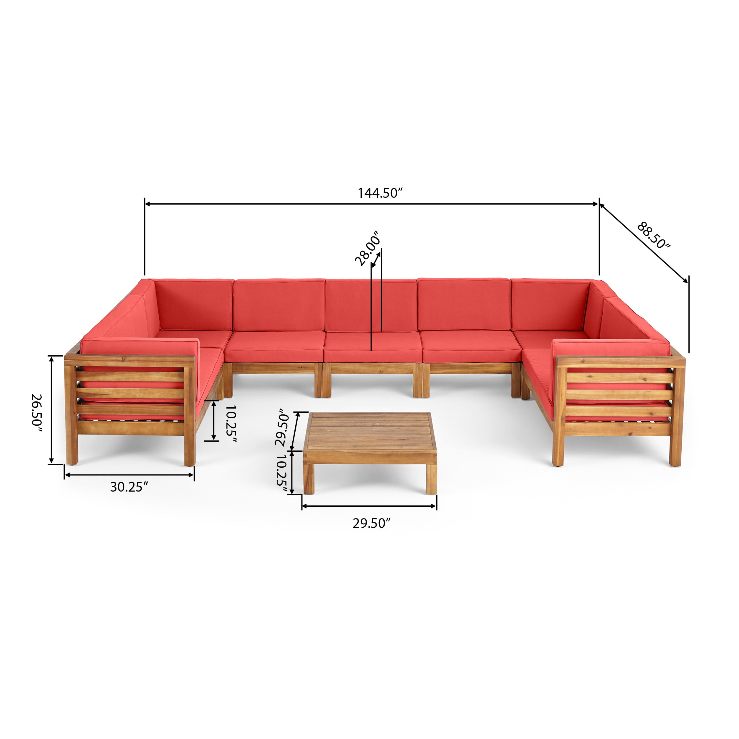 Graham Outdoor 9 Seater Acacia Wood Sectional Sofa Set, Teak Finish, Red